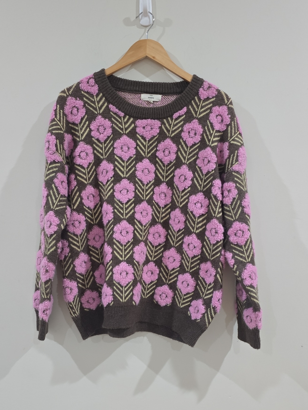 Entro Brown Mocha Floral Knit Sweater Women's M Long Sleeve Crew Neck Garden